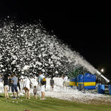 blasting foam soap bubbles on the football field